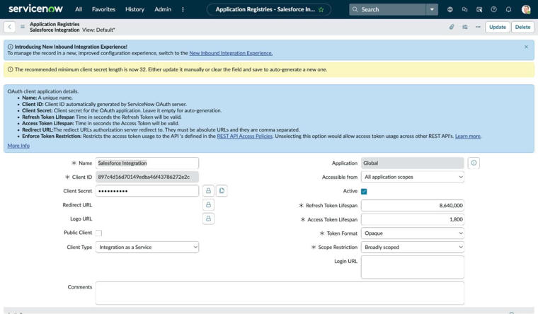ServiceNow OAuth Application Registry – Salesforce Integration