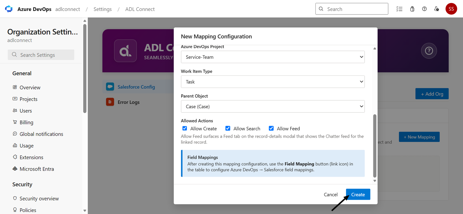 Azure DevOps → Salesforce Marketplace connector screenshot