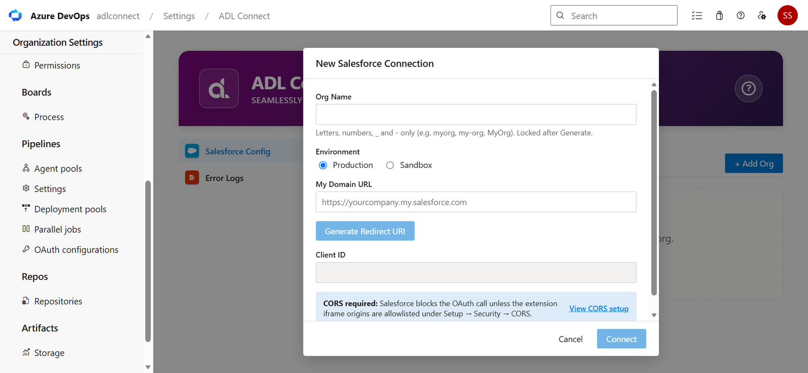 Azure DevOps → Salesforce Marketplace connector screenshot