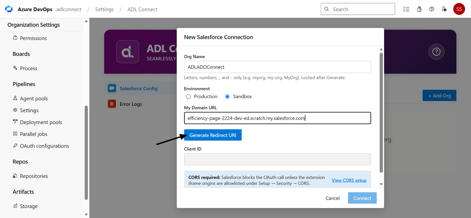 Azure DevOps → Salesforce Marketplace connector screenshot