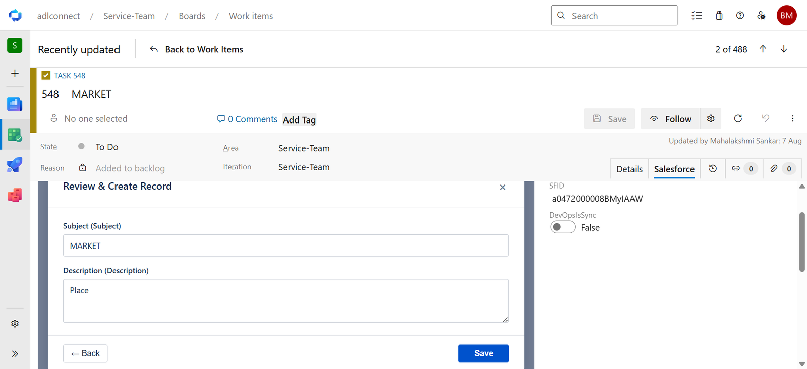 Azure DevOps → Salesforce Marketplace connector screenshot