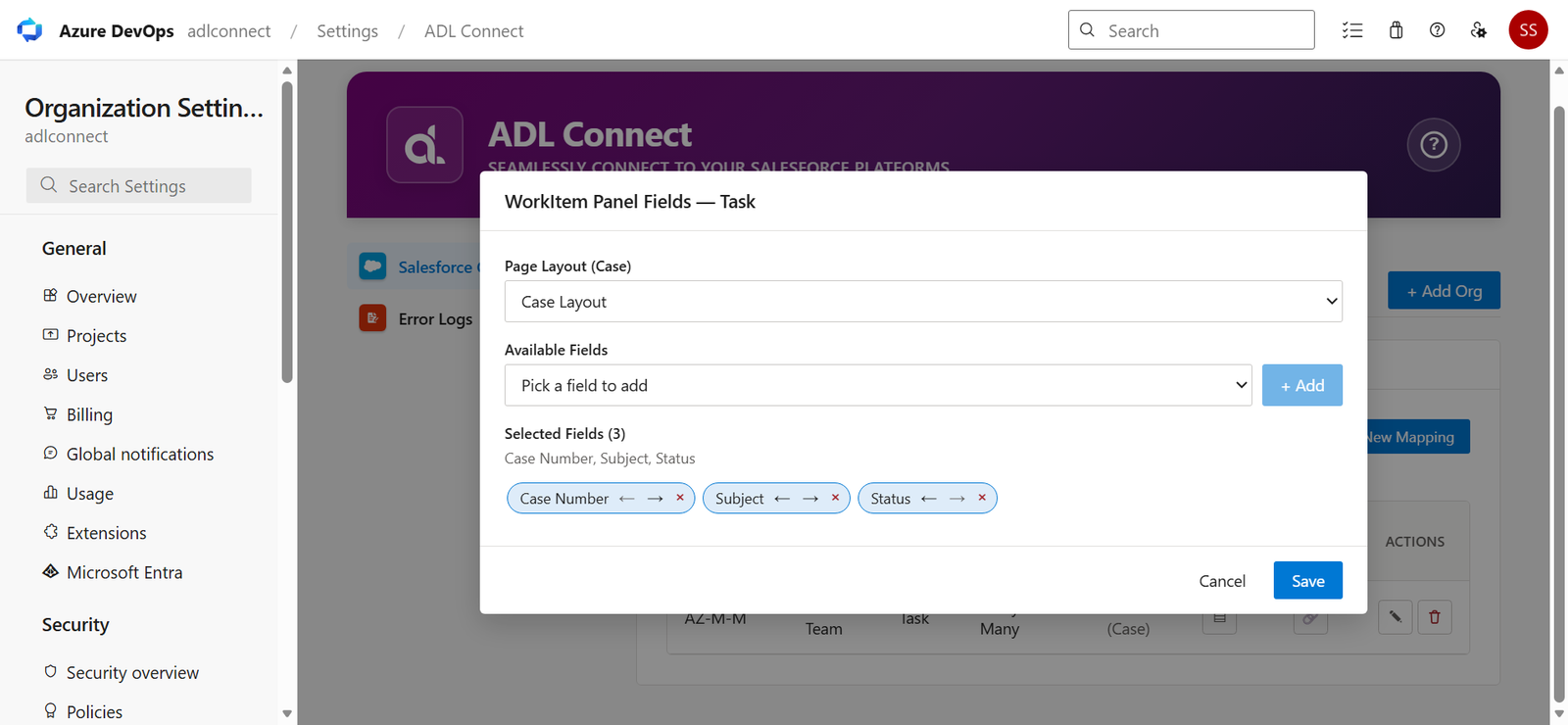 Azure DevOps → Salesforce Marketplace connector screenshot