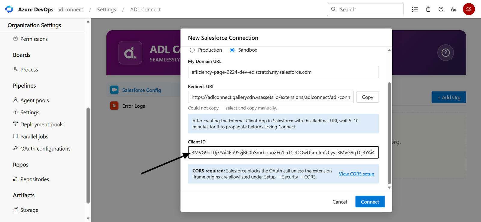 Azure DevOps → Salesforce Marketplace connector screenshot