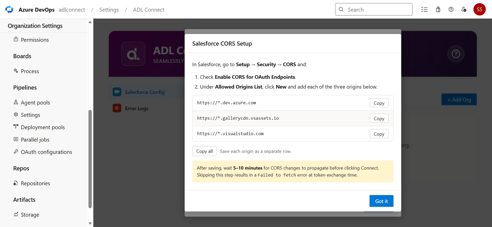 Azure DevOps → Salesforce Marketplace connector screenshot