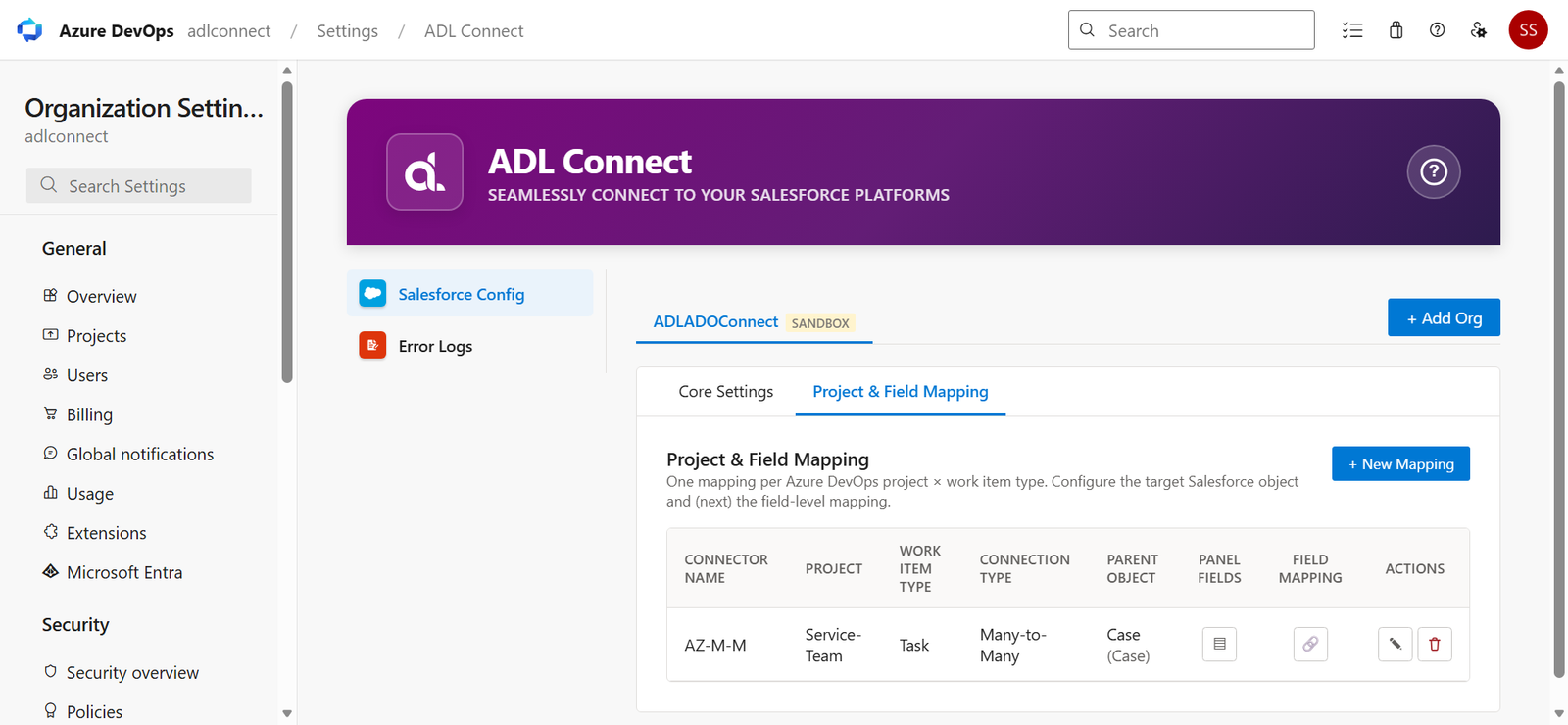 Azure DevOps → Salesforce Marketplace connector screenshot