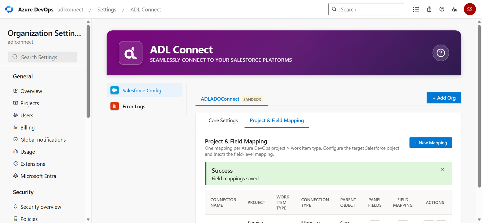 Azure DevOps → Salesforce Marketplace connector screenshot