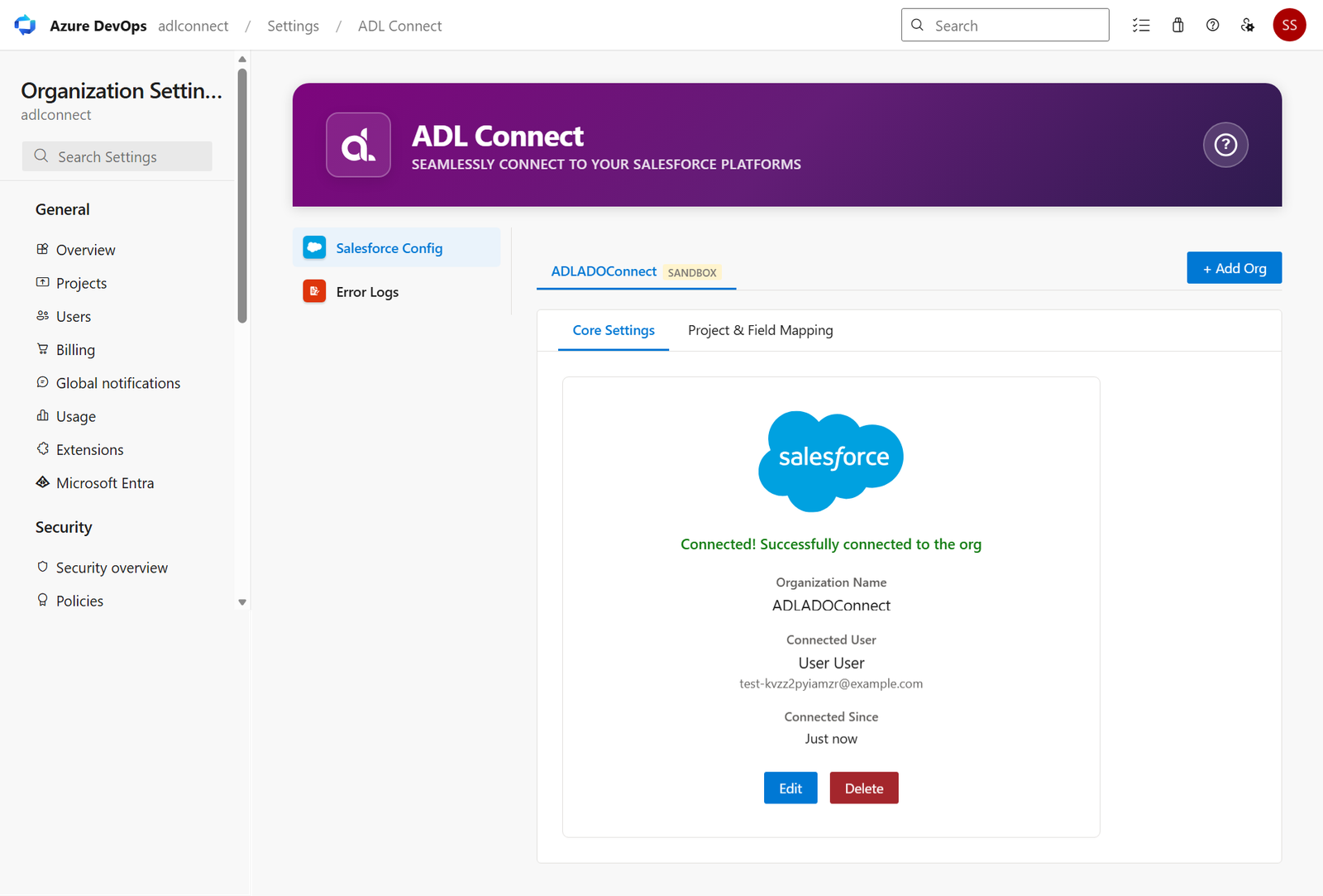 Azure DevOps → Salesforce Marketplace connector screenshot