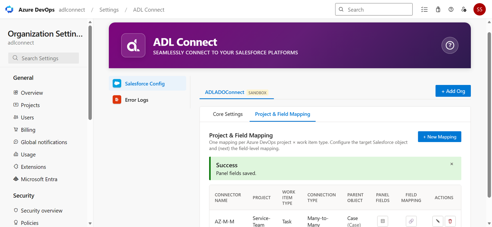 Azure DevOps → Salesforce Marketplace connector screenshot