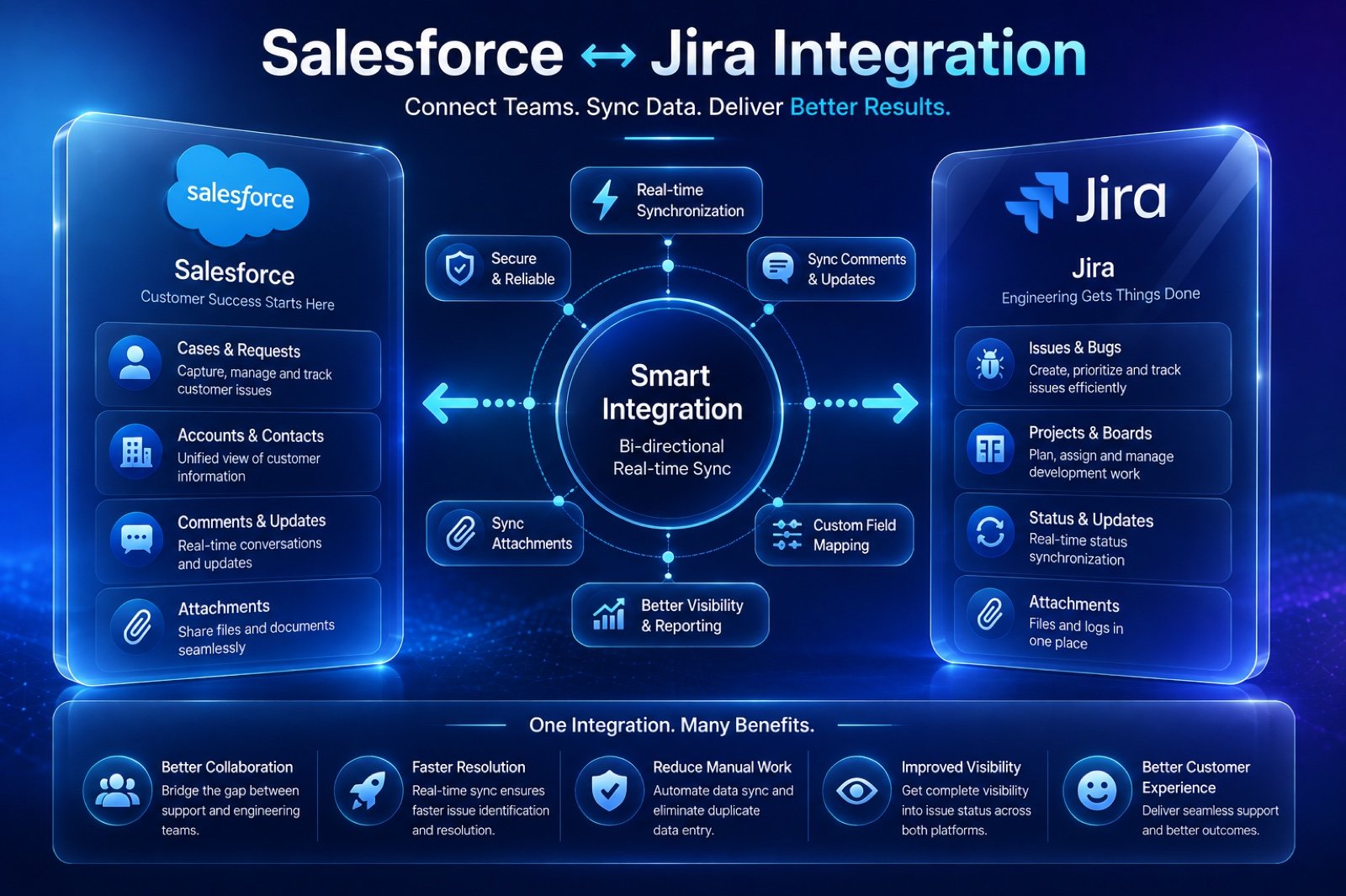 Salesforce to Jira integration overview: secure bi-directional real-time sync of cases, issues, comments, attachments and custom fields